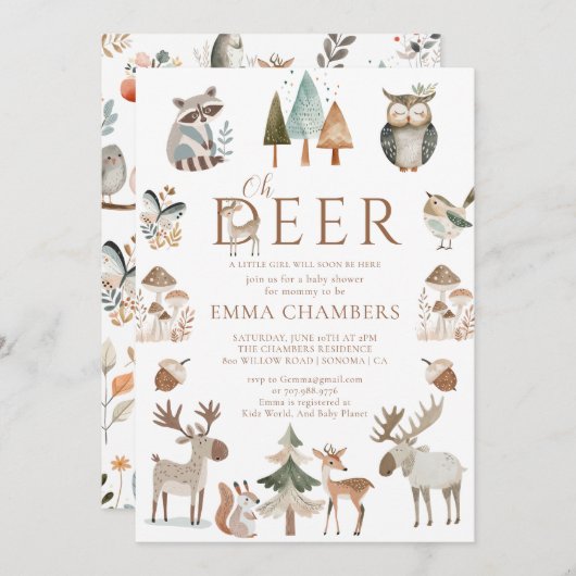 Boho Woodland Animals Oh Deer Girl Baby Dusche Einladung (Vorne/Hinten)