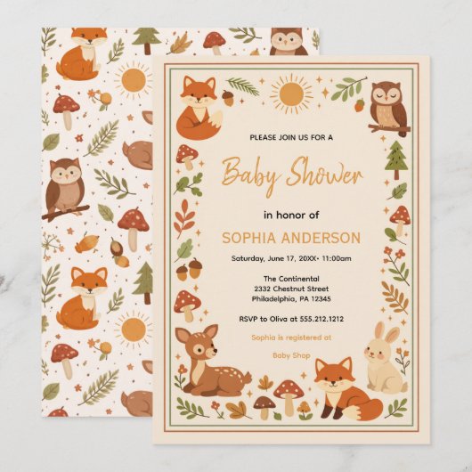 Boho Woodland Baby Shower | Rustic Forest Animals Einladung (Vorne/Hinten)