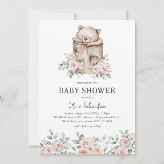 Boho Woodland Bear & Floral Baby Dusche Einladung (Vorderseite)