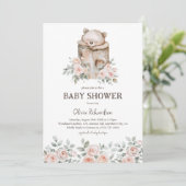 Boho Woodland Bear & Floral Baby Dusche Einladung (Stehend Vorderseite)
