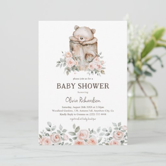 Boho Woodland Bear & Floral Baby Dusche Einladung (Stehend Vorderseite)
