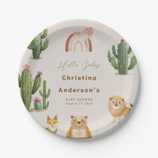 Boho Woodland Bear Lion Fox Cactus Baby Shower Pappteller (Vorderseite)