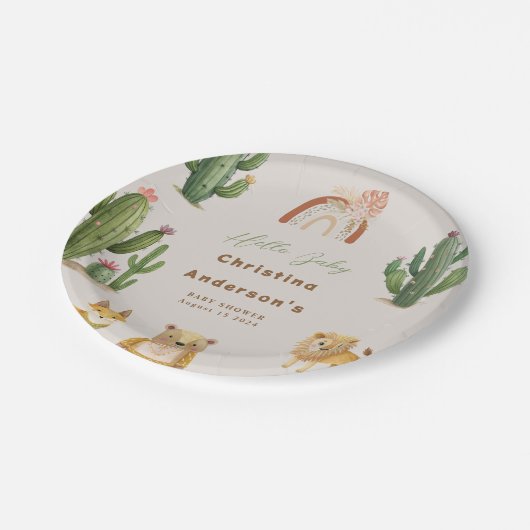Boho Woodland Bear Lion Fox Cactus Baby Shower Pappteller (Schrägansicht)