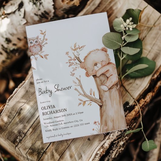 Boho Woodland Bear & Tree Baby Dusche Einladung