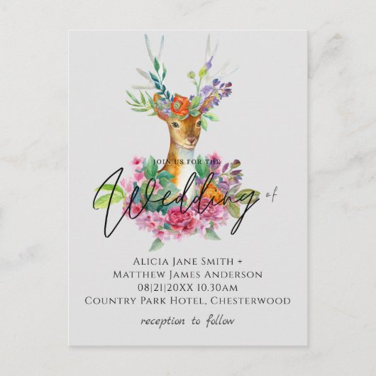 Boho Woodland Deer Floral Budget Wedites Postkarte (Vorderseite)