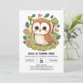 Boho Woodland Digital Owl Geburtstag Einladung (Stehend Vorderseite)