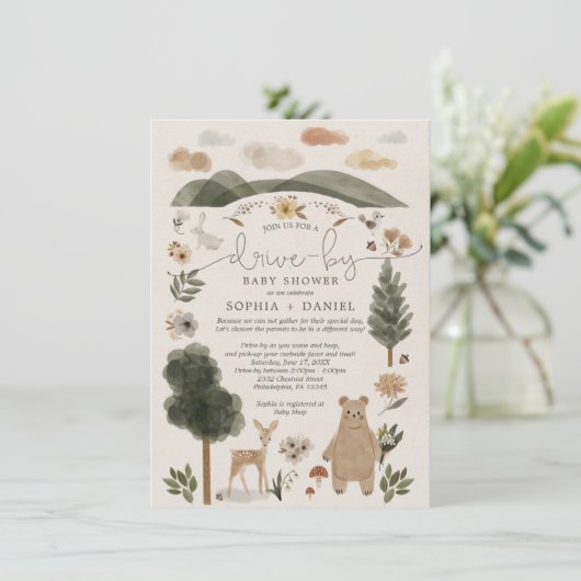 Boho Woodland Drive-by Baby Shower Einladungskarte Einladung (Stehend Vorderseite)