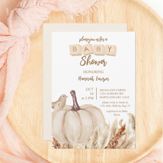 Boho Woodland Fall White Pumpkin Baby Dusche Einladung