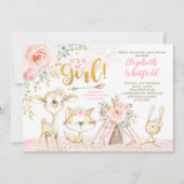Boho Woodland Forest Pink Gold Floral Baby Dusche Einladung (Vorderseite)