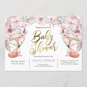Boho, Woodland Fox, Floral, Baby Girl Dusche Einladung