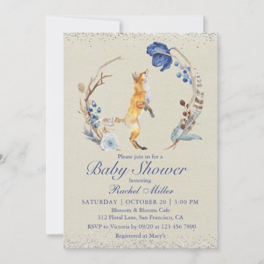 Boho Woodland Fox Watercolor Glitzer Babydusche Einladung (Vorderseite)