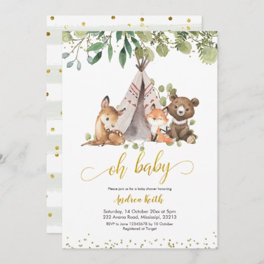 Boho Woodland Greenery Kinderdusche Einladung (Vorne/Hinten)