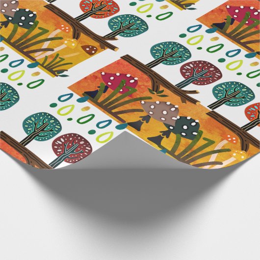 Boho Woodland Pilze Bäume Muster Grün Weiß Geschenkpapier (Ecke)