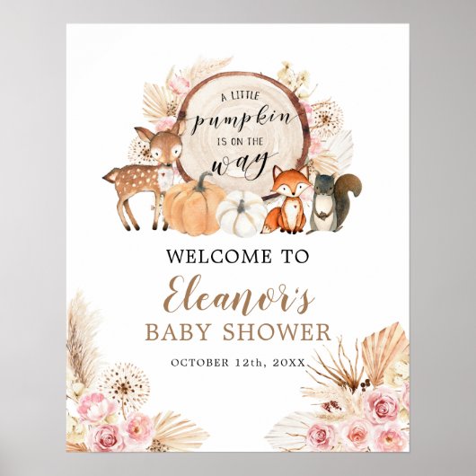 Boho Woodland Pumpkin Baby Dusche Begrüßungszeiche Poster (Vorne)