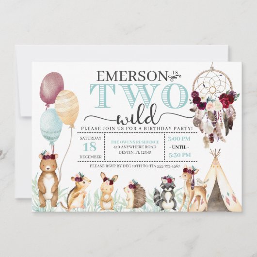 Boho Woodland Two Wild Second Birthday Einladung (Vorderseite)