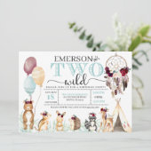 Boho Woodland Two Wild Second Birthday Einladung (Stehend Vorderseite)