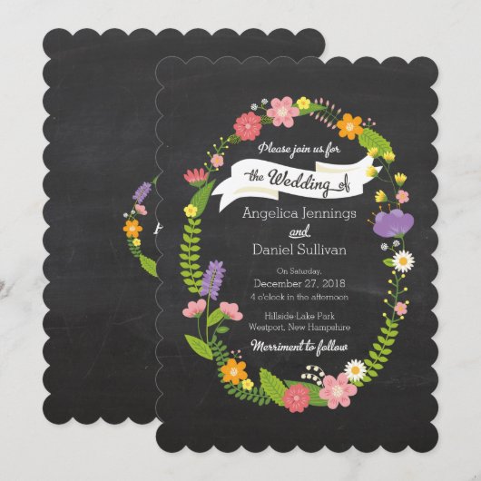 Boho Woodland Wreath auf Chalkboard Wedding Einladung (Vorne/Hinten)