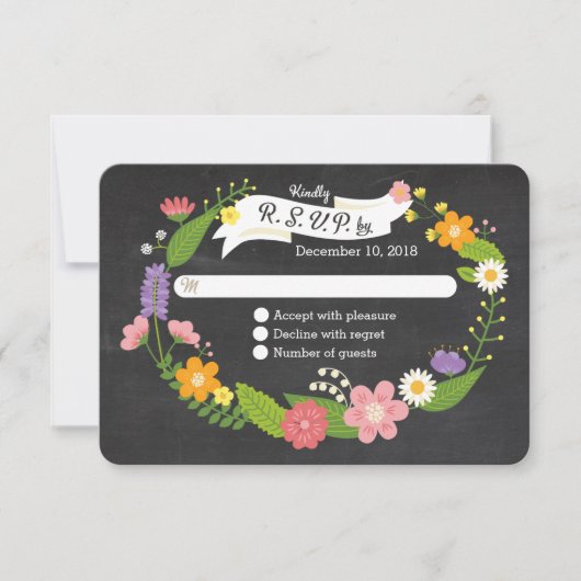 Boho Woodland Wreath auf Chalkboard Wedding RSVP Karte (Vorderseite)