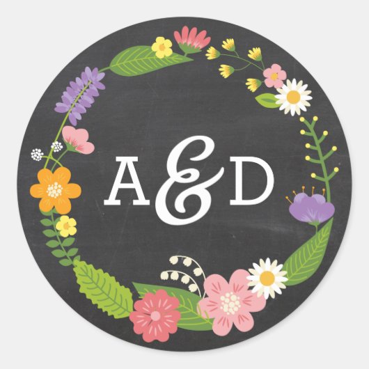 Boho Woodland Wreath auf Chalkboard Wedding Runder Aufkleber (Vorderseite)
