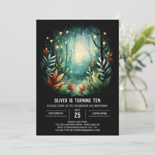 Boho Woods Printable Woodland Birthday Einladung (Stehend Vorderseite)