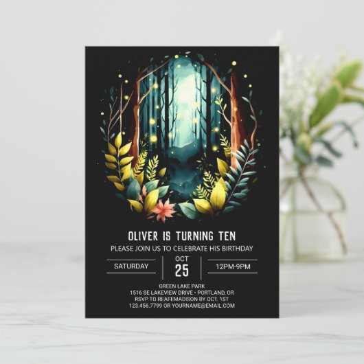 Boho Woods Printable Woodland Birthday Einladung (Stehend Vorderseite)