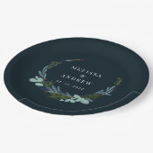 Boho Wreath auf Dark Blue Wedding Design Pappteller (Schrägansicht)