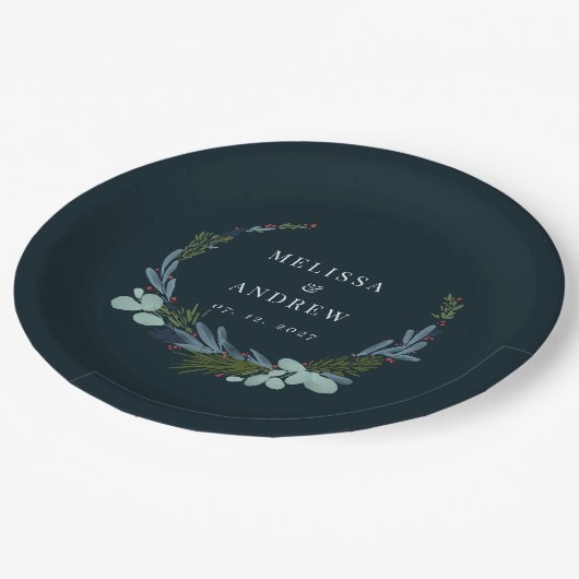 Boho Wreath auf Dark Blue Wedding Design Pappteller (Schrägansicht)