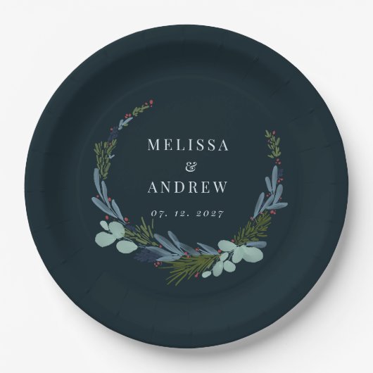 Boho Wreath auf Dark Blue Wedding Design Pappteller (Vorderseite)