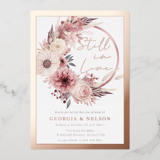 Boho Wreath noch in Liebe Vow Renewal Rose Gold Folieneinladung (Vorderseite)