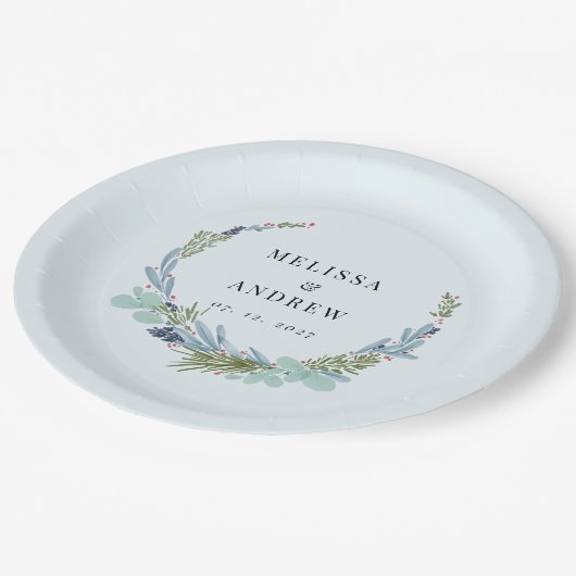 Boho Wreath on Light Blue Wedding Design Pappteller (Schrägansicht)