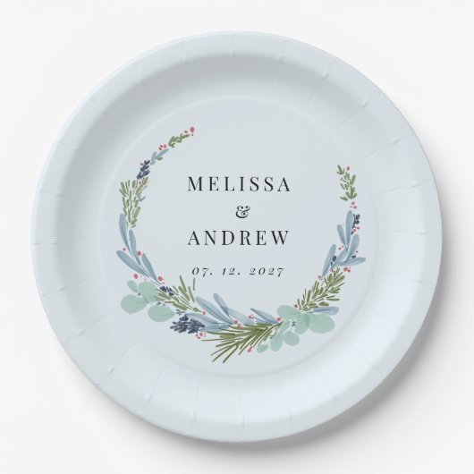 Boho Wreath on Light Blue Wedding Design Pappteller (Vorderseite)