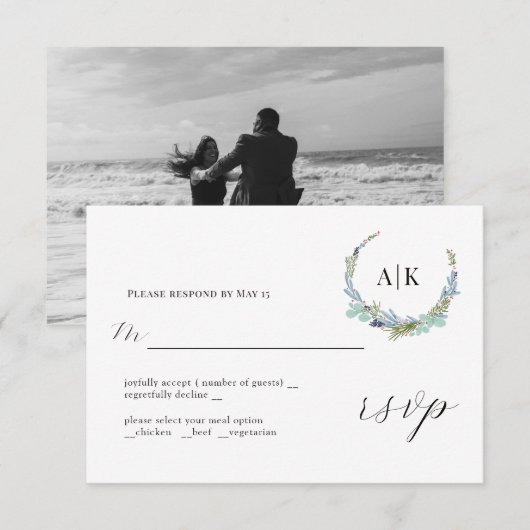 Boho Wreath on White Modern Wedding RSVP Card (Vorne/Hinten)