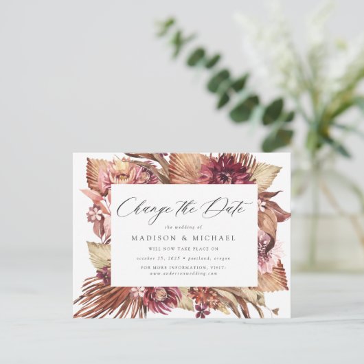 Boho Wüste Floral ändern Datum Ankündigungspostkarte (Stehend Vorderseite)