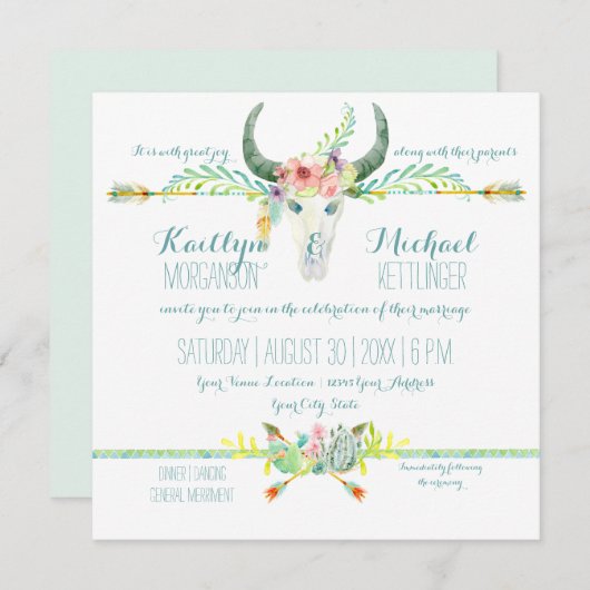 BOHO Wüste Süd Western Blütenkuh Schädelpfeile Einladung (Vorne/Hinten)