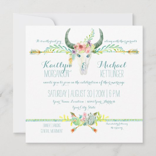 BOHO Wüste Süd Western Blütenkuh Schädelpfeile Einladung (Vorderseite)