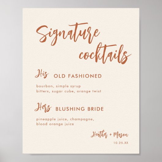 Boho Wüste Wedding Signature Cocktails Zeichen Poster (Vorne)