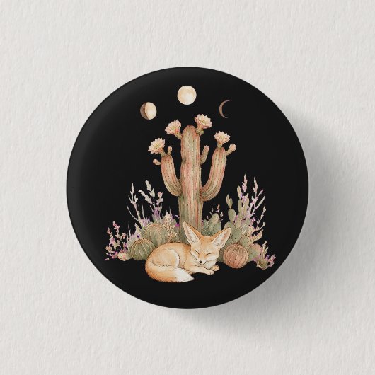 Boho-Wüsten-Fennec-Fuchs schlafend unter Saguaro-K Button (Vorderseite)