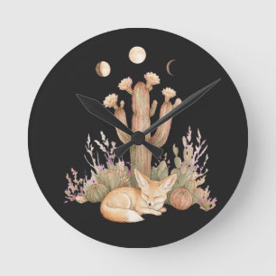 Boho-Wüsten-Fennec-Fuchs schlafend unter Saguaro-K Runde Wanduhr