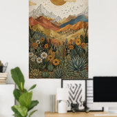 Boho-Wüstenberg-Kaktus-Pueblo-Sonne Poster (Heimbüro)