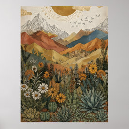 Boho-Wüstenberg-Kaktus-Pueblo-Sonne Poster