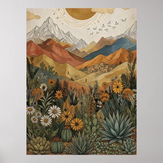 Boho-Wüstenberg-Kaktus-Pueblo-Sonne Poster (Vorne)