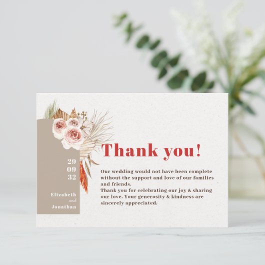 Boho wüstengetrocknete Blume Erdtöne Dankeskarte (Stehend Vorderseite)