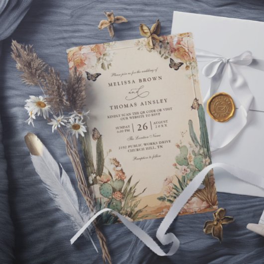 Boho Wüstenkaktus Elegante QR-Code-Hochzeit Einladung