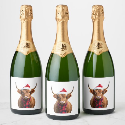 Boho Xmas Christmas Highland Cow T-Shirt (3) Schaumweinetikett (Flaschen)