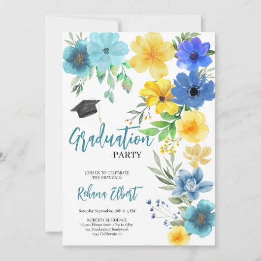 Boho Yellow & Blue Floral Abschluss Einladung (Vorderseite)