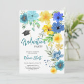 Boho Yellow & Blue Floral Abschluss Einladung (Stehend Vorderseite)