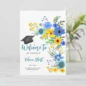 Boho Yellow & Blue Floral Abschluss Einladung (Stehend Vorderseite)