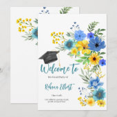 Boho Yellow & Blue Floral Abschluss Einladung (Vorne/Hinten)