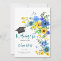 Boho Yellow & Blue Floral Abschluss Einladung