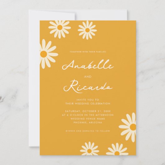 Boho Yellow Daisy Hippie QR Code Foto Wedding Einladung (Vorderseite)